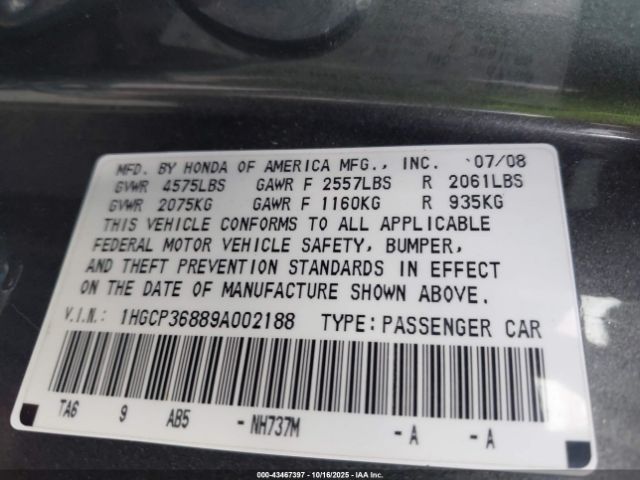 2009 HONDA ACCORD SDN 1HGCP36889A002188 Photo 8
