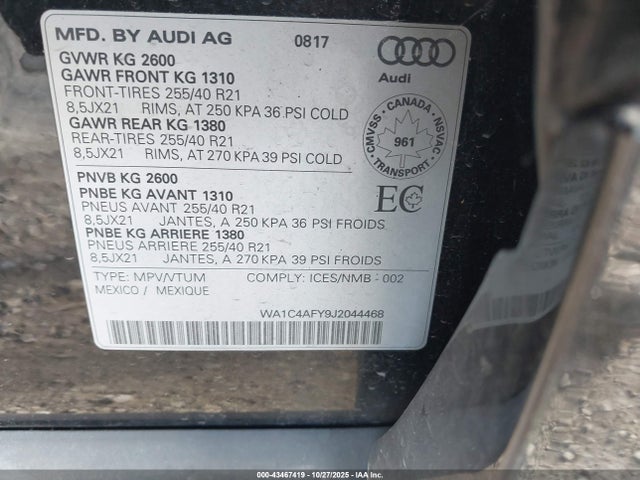 43467419 :رقم المزاد ، WA1C4AFY9J2044468 vin ، 2018 Audi Sq5 3.0t Premium Plus مزاد بيع