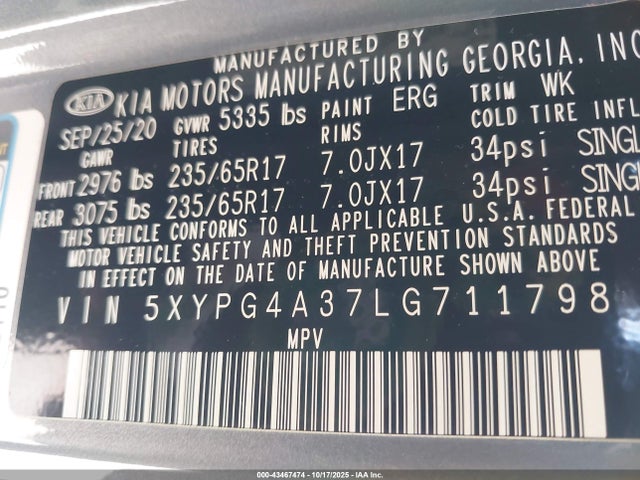 Auction sale of the 2020 Kia Sorento 2.4l Lx, vin: 5XYPG4A37LG711798, lot number: 43467474