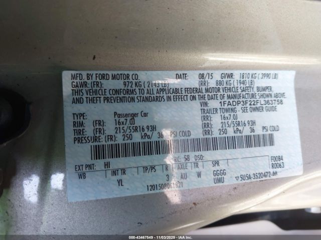 2015 FORD FOCUS 1FADP3F22FL363758 Photo 8