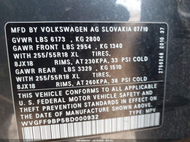 2011 VOLKSWAGEN TOUAREG WVGFF9BP5BD000932 Photo 8