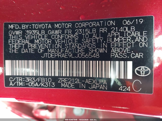 JTDEPRAE9LJ056548 Toyota COROLLA LE