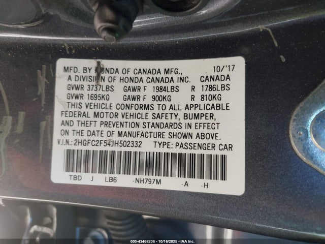 Aukcja sprzedaży 2018 Honda Civic Lx, vin: 2HGFC2F54JH502332, numer aukcji: 43468208