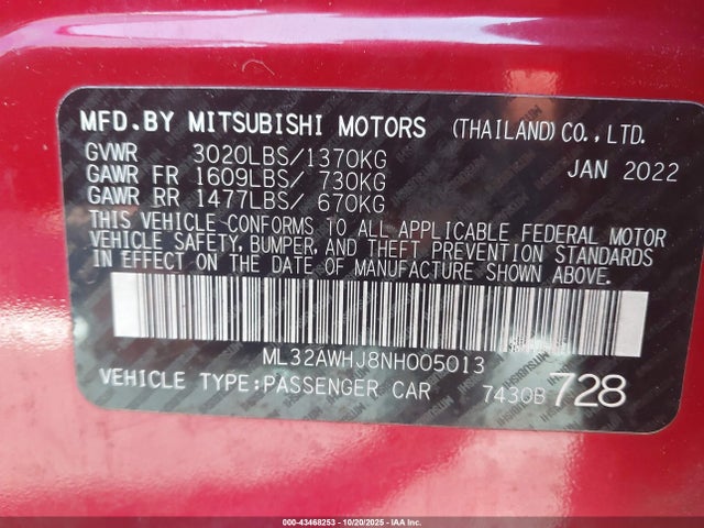 2022 MITSUBISHI MIRAGE ML32AWHJ8NH005013 Photo 8