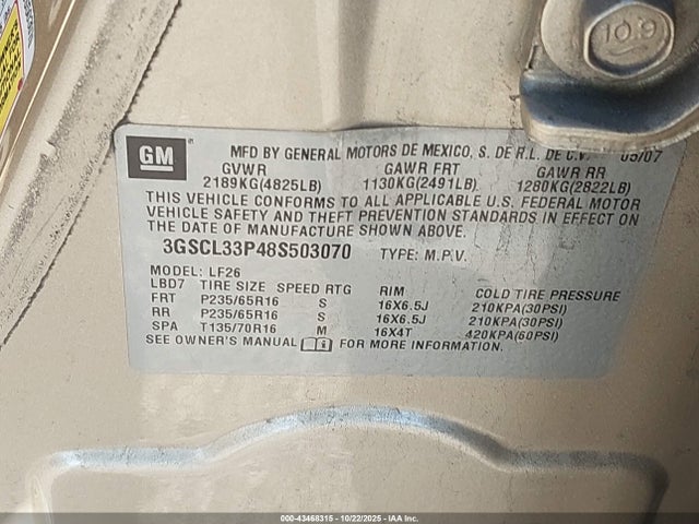 2008 SATURN VUE 3GSCL33P48S503070 Photo 8