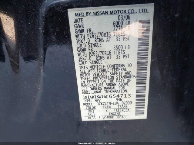 43468467 :رقم المزاد ، 5N1AR18W16C654713 vin ، 2006 Nissan Pathfinder Se مزاد بيع