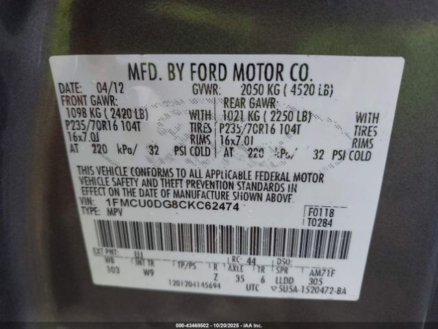 2012 FORD ESCAPE 1FMCU0DG8CKC62474 Photo 8