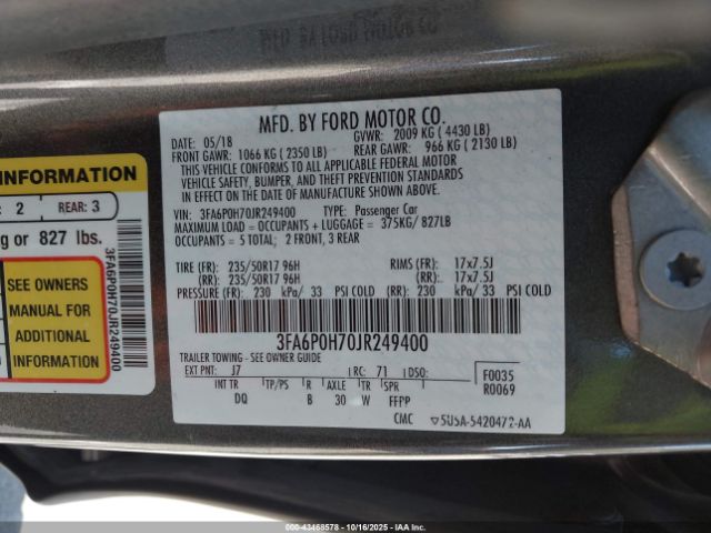 2018 FORD FUSION 3FA6P0H70JR249400 Photo 8