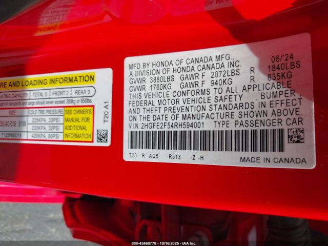 2024 HONDA CIVIC 2HGFE2F54RH594001 Photo 8
