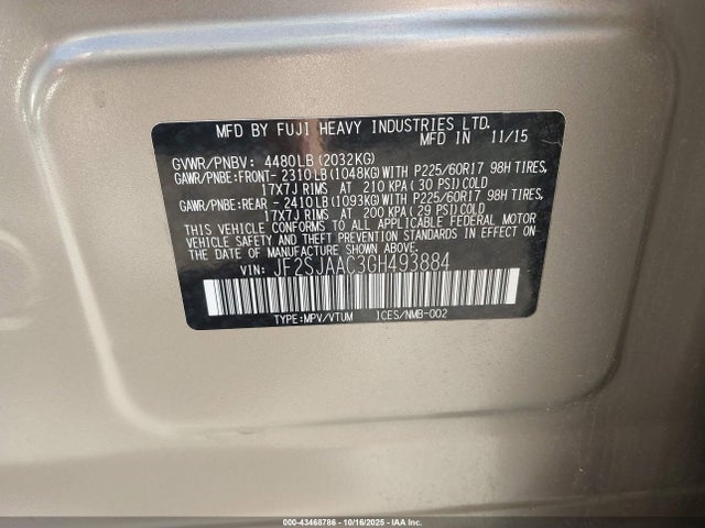 Продаж на аукціоні авто 2016 Subaru Forester 2.5i, vin: JF2SJAAC3GH493884, номер лоту: 43468786