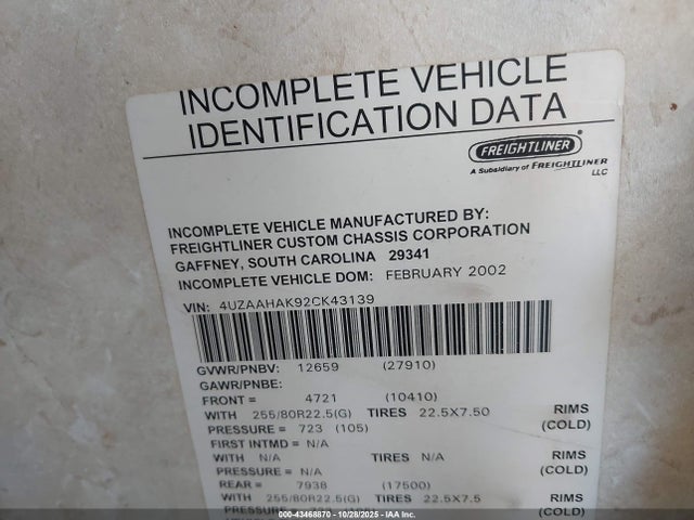 2003 Freightliner Chassis X Line Motor Home მანქანა იყიდება აუქციონზე, vin: 4UZAAHAK92CK43139, აუქციონის ნომერი: 43468870