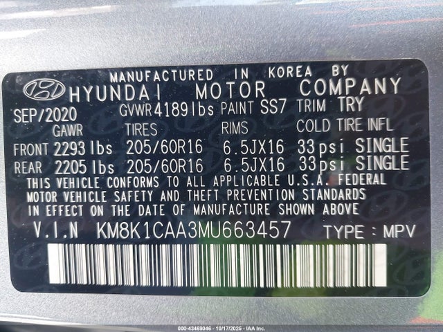 43469046 :رقم المزاد ، KM8K1CAA3MU663457 vin ، 2021 Hyundai Kona Se مزاد بيع