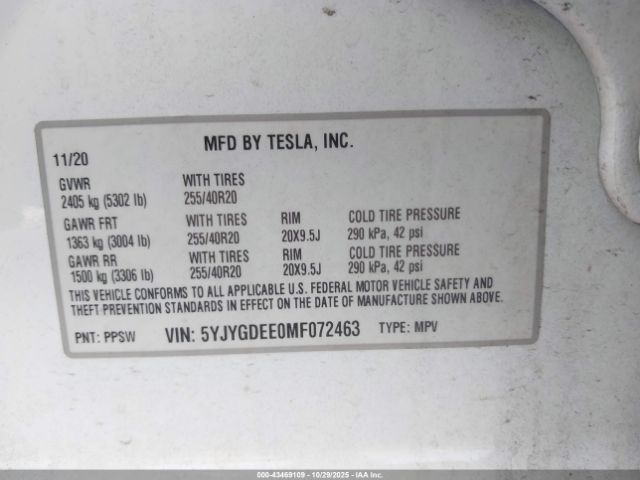 2021 TESLA MODEL Y 5YJYGDEE0MF072463 Photo 8