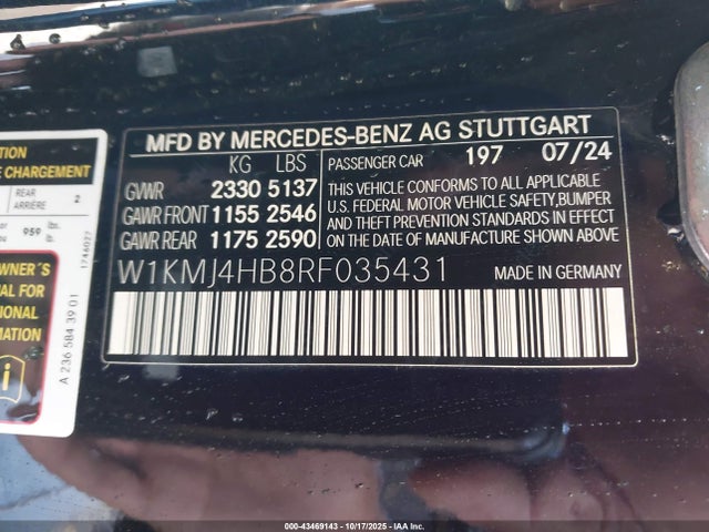 Aukcja sprzedaży 2024 Mercedes-benz Cle 300 4matic, vin: W1KMJ4HB8RF035431, numer aukcji: 43469143