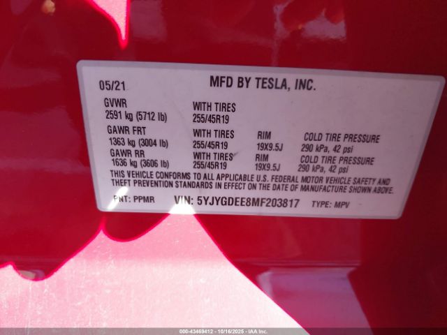 2021 TESLA MODEL Y 5YJYGDEE8MF203817 Photo 8