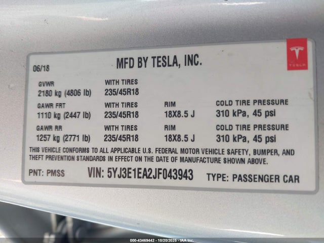 Aukcja sprzedaży 2018 Tesla Model 3 Long Range/mid Range, vin: 5YJ3E1EA2JF043943, numer aukcji: 43469442