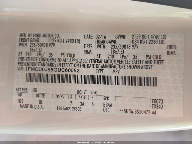 Ford Escape Titanium 2016 1FMCU0J95GUC60052 Image 9