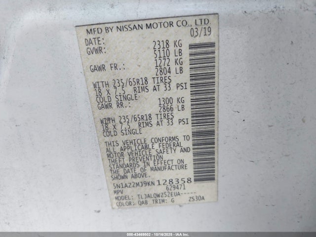 Nissan MURANO SV 2019 5N1AZ2MJ9KN128358 Image 9