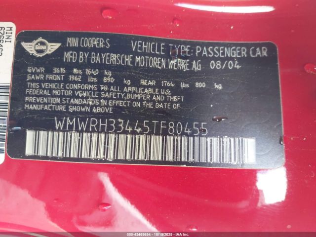 2005 MINI COOPER S WMWRH33445TF80455 Photo 8