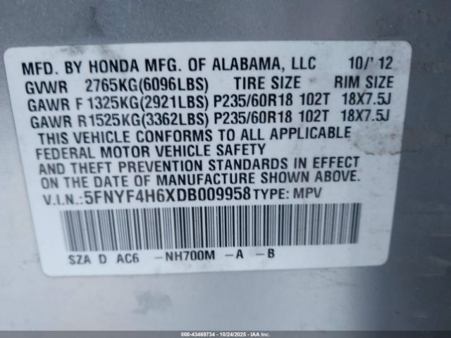 2013 HONDA PILOT 5FNYF4H6XDB009958 Photo 8