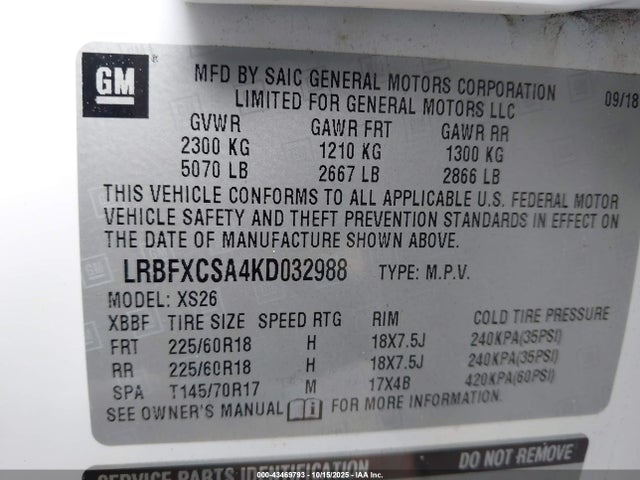 43469793 :رقم المزاد ، LRBFXCSA4KD032988 vin ، 2019 Buick Envision Fwd Essence مزاد بيع