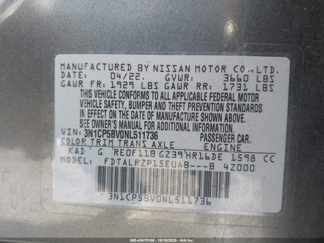 3N1CP5BV0NL511736 Nissan Kicks S Xtronic Cvt