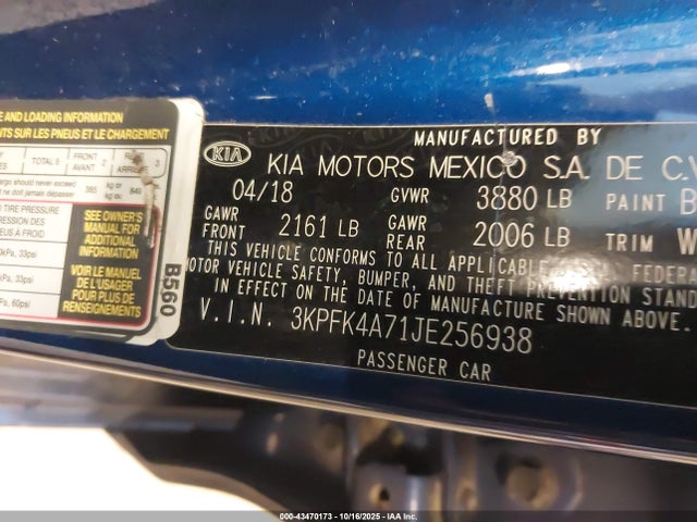 Продажа на аукционе авто 2018 Kia Forte Lx, vin: 3KPFK4A71JE256938, номер лота: 43470173