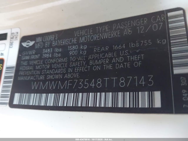 2008 MINI COOPER S WMWMF73548TT87143 Photo 8