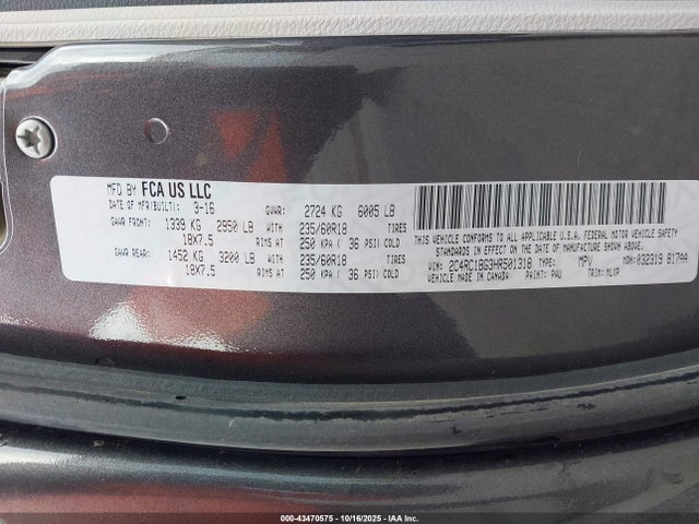 Aukcja sprzedaży 2017 Chrysler Pacifica Touring-l, vin: 2C4RC1BG3HR501318, numer aukcji: 43470575