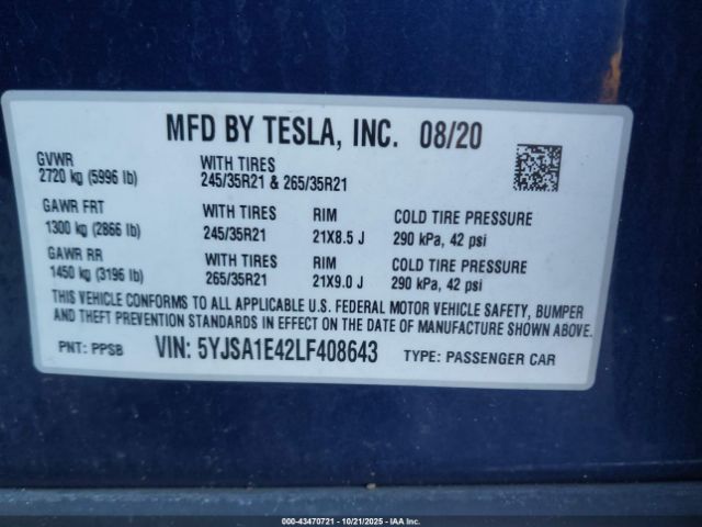 2020 TESLA MODEL S 5YJSA1E42LF408643 Photo 8