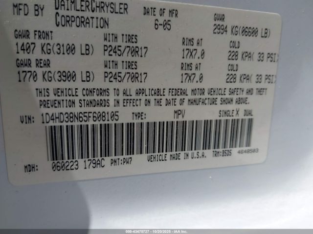 2005 DODGE DURANGO 1D4HD38N65F608105 Photo 8