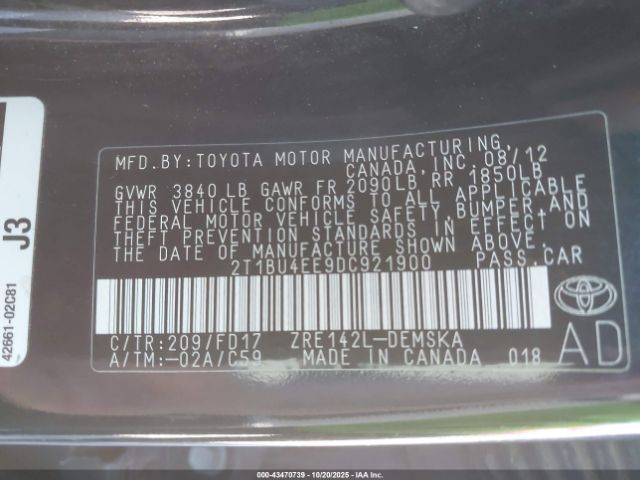 2013 TOYOTA COROLLA 2T1BU4EE9DC921900 Photo 8