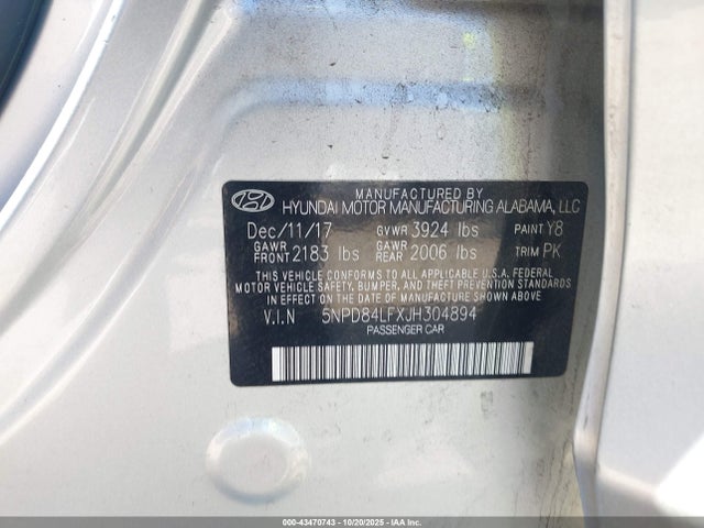 5NPD84LFXJH304894 Hyundai ELANTRA SEL