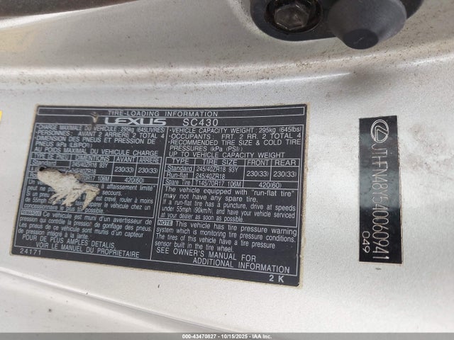 Продажа на аукционе авто 2004 Lexus Sc 430, vin: JTHFN48Y540060941, номер лота: 43470827