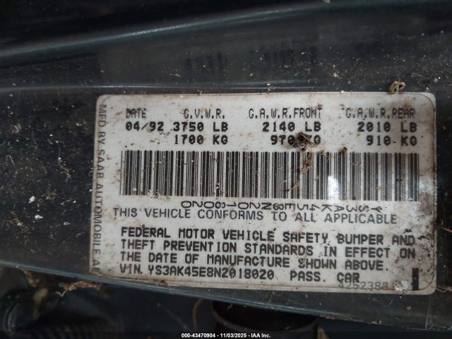 1992 SAAB 900 YS3AK45E8N2018020 Photo 8