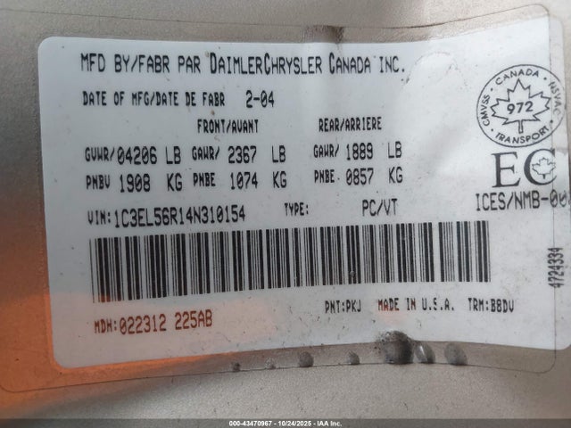 2004 Chrysler Sebring Lxi მანქანა იყიდება აუქციონზე, vin: 1C3EL56R14N310154, აუქციონის ნომერი: 43470967