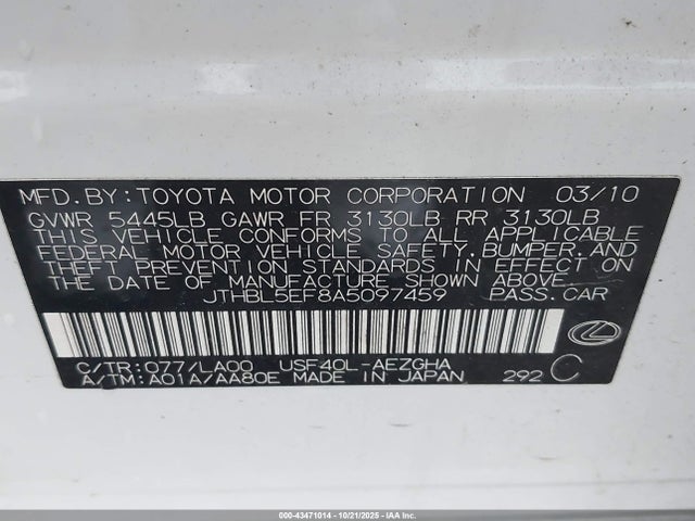 43471014 :رقم المزاد ، JTHBL5EF8A5097459 vin ، 2010 Lexus Ls 460 مزاد بيع