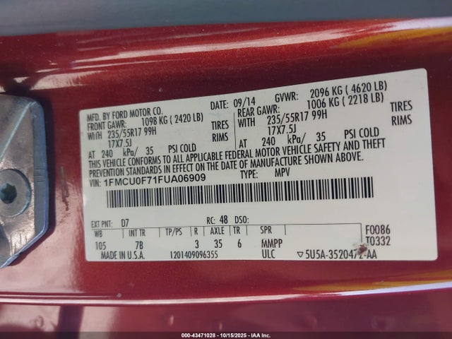 Ford Escape 2015 1FMCU0F71FUA06909 Image 9