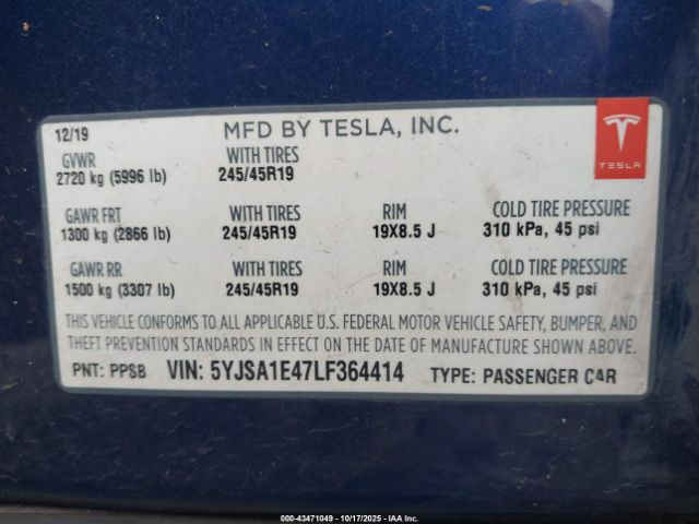 2020 TESLA MODEL S 5YJSA1E47LF364414 Photo 8