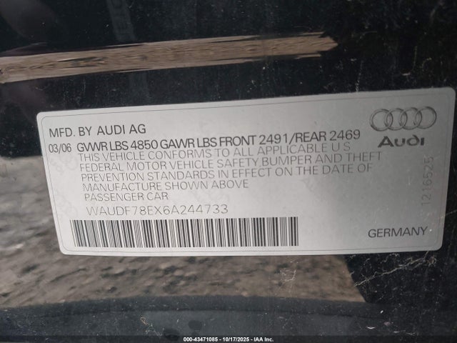 2006 AUDI A4 WAUDF78EX6A244733 Photo 8