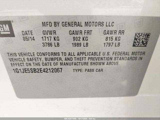 43471089 :رقم المزاد ، 1G1JE5SB2E4212067 vin ، 2014 Chevrolet Sonic Ltz Auto مزاد بيع