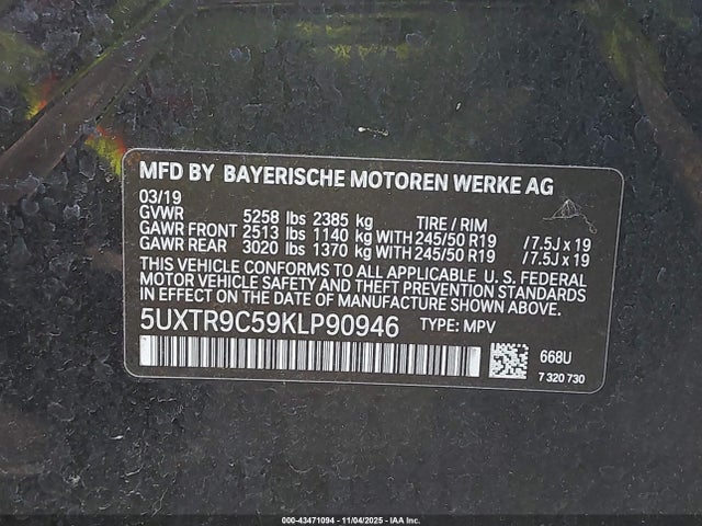 Продаж на аукціоні авто 2019 Bmw X3 Xdrive30i, vin: 5UXTR9C59KLP90946, номер лоту: 43471094