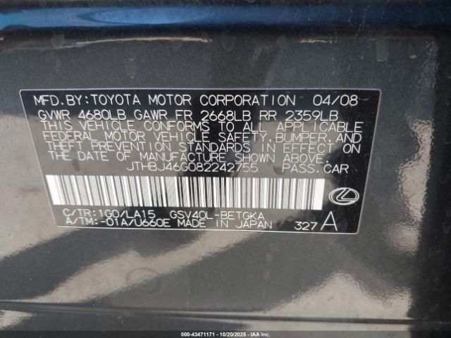 2008 LEXUS ES 350 JTHBJ46G082242755 Photo 8