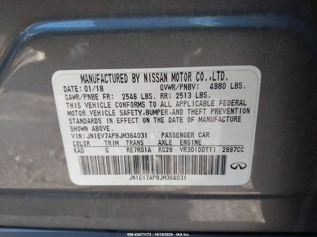 43471173 :رقم المزاد ، JN1EV7AP8JM364031 vin ، 2018 Infiniti Q50 3.0t Sport مزاد بيع
