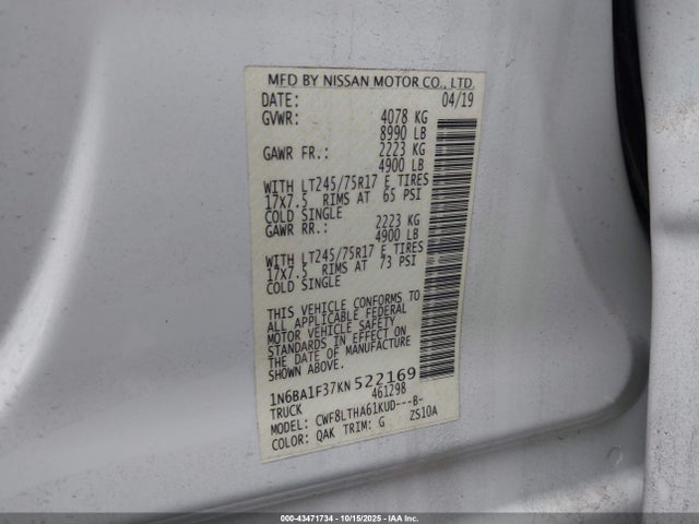 Продаж на аукціоні авто 2019 Nissan Titan Xd Sv Diesel, vin: 1N6BA1F37KN522169, номер лоту: 43471734