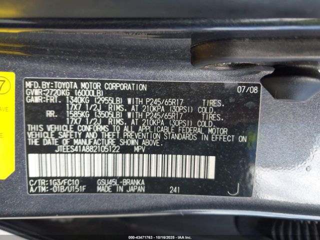2008 TOYOTA HIGHLANDER JTEES41A882105122 Photo 8