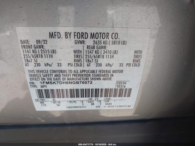 Ford EXPLORER XLT 2022 1FMSK7DH6NGB76072 Image 9