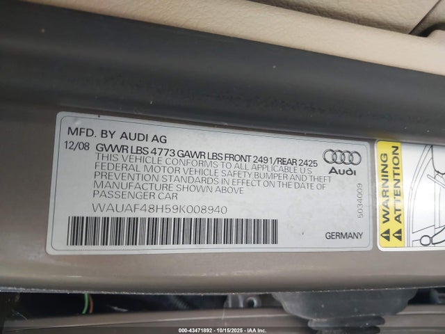 2009 AUDI A4 WAUAF48H59K008940 Photo 8
