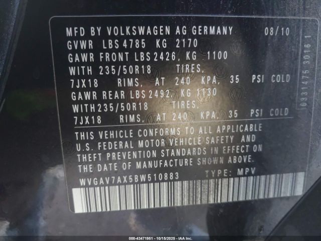2011 VOLKSWAGEN TIGUAN WVGAV7AX5BW510883 Photo 8
