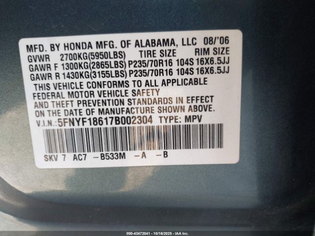 2007 HONDA PILOT 5FNYF18617B002304 Photo 8